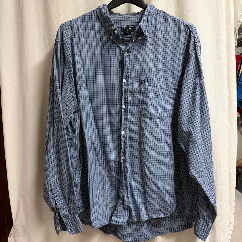 VTG Ralph Lauren Jeans Co Mens XL Blue Plaid Button Down Shirt Cotton Flag Logo